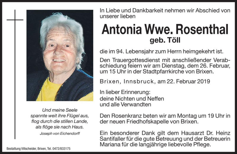  Traueranzeige für Antonia Rosenthal vom 25.02.2019 aus Dolomiten