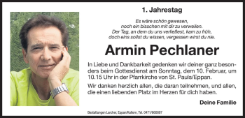 Traueranzeige von Armin Pechlaner von Dolomiten