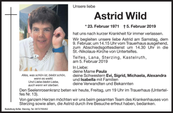 Traueranzeige von Astrid Wild von Dolomiten