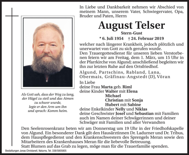  Traueranzeige für August Telser vom 27.02.2019 aus Dolomiten