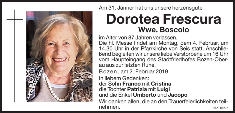  Traueranzeige für Dorotea Boscolo vom 02.02.2019 aus Dolomiten