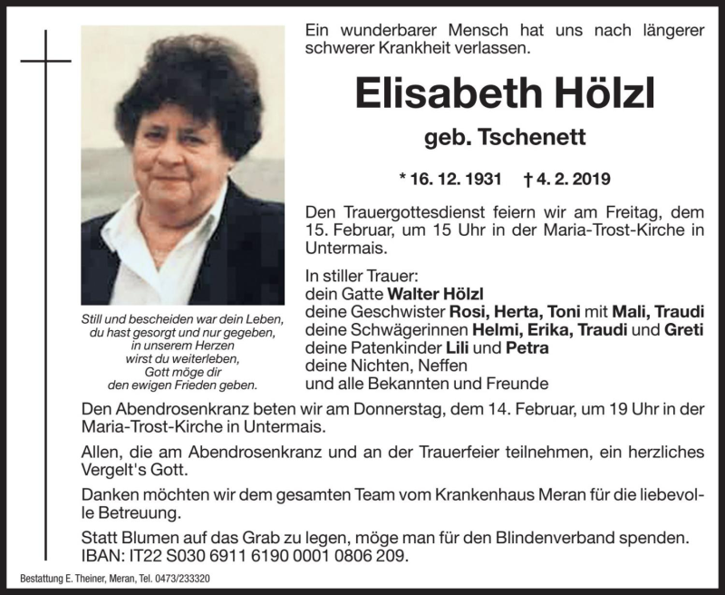  Traueranzeige für Elisabeth Hölzl vom 12.02.2019 aus Dolomiten