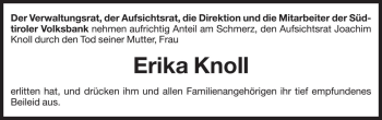Traueranzeige von Erika Knoll von Dolomiten