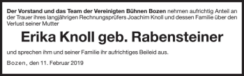 Traueranzeige von Erika Knoll von Dolomiten