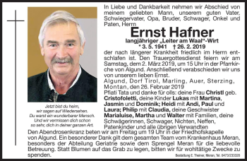 Traueranzeige von Ernst Hafner von Dolomiten