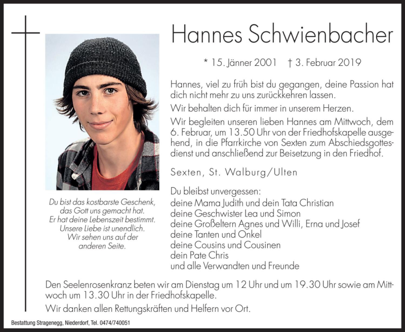  Traueranzeige für Hannes Schwienbacher vom 05.02.2019 aus Dolomiten