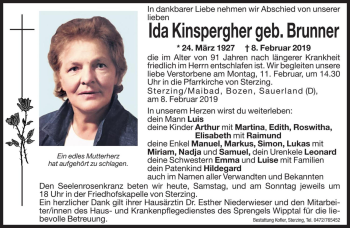 Traueranzeige von Ida Kinspergher von Dolomiten