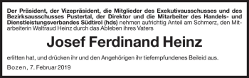 Traueranzeige von Josef Heinz von Dolomiten