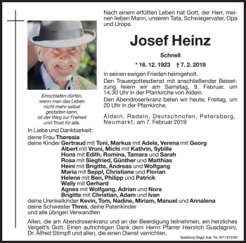 Traueranzeige von Josef Heinz von Dolomiten