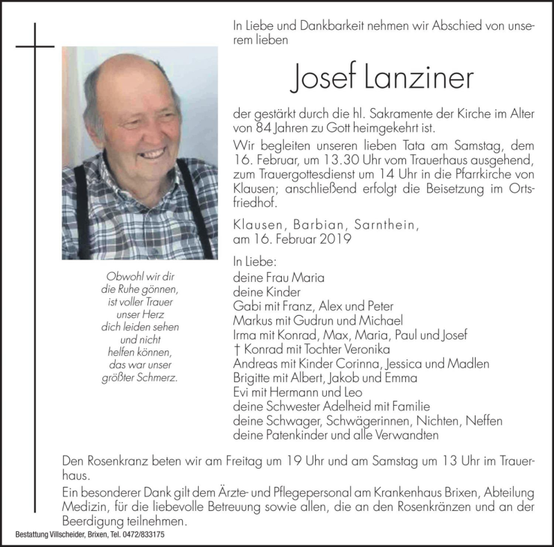  Traueranzeige für Josef Lanziner vom 15.02.2019 aus Dolomiten