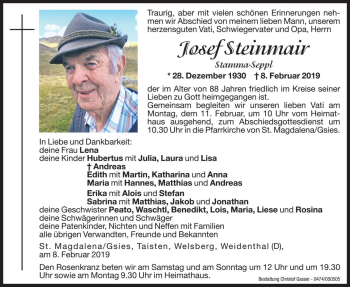 Traueranzeige von Josef Steinmair von Dolomiten
