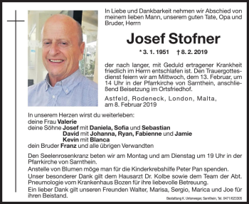 Traueranzeige von Josef Stofner von Dolomiten