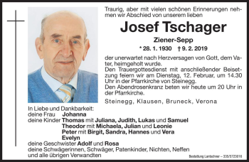 Traueranzeige von Josef Tschager von Dolomiten