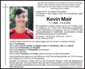 Traueranzeige von Kevin Mair von Dolomiten