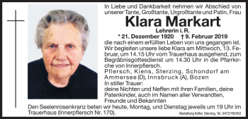 Traueranzeige von Klara Markart von Dolomiten