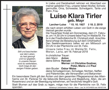 Traueranzeige von Luise Klara Tirler von Dolomiten