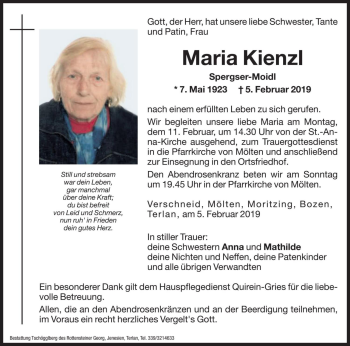 Traueranzeige von Maria Kienzl von Dolomiten