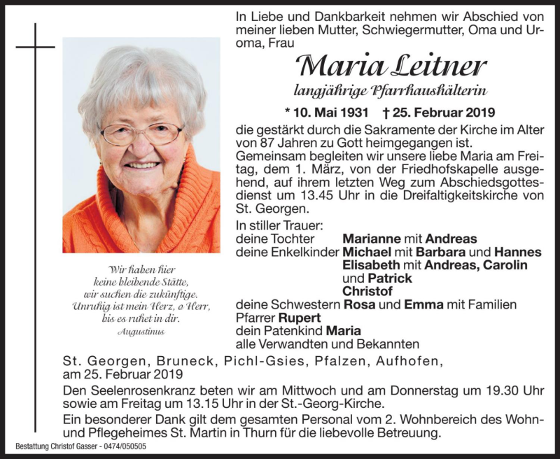  Traueranzeige für Maria Leitner vom 27.02.2019 aus Dolomiten