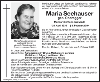 Traueranzeige von Maria Seehauser von Dolomiten