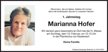 Traueranzeige von Marianna Hofer von Dolomiten