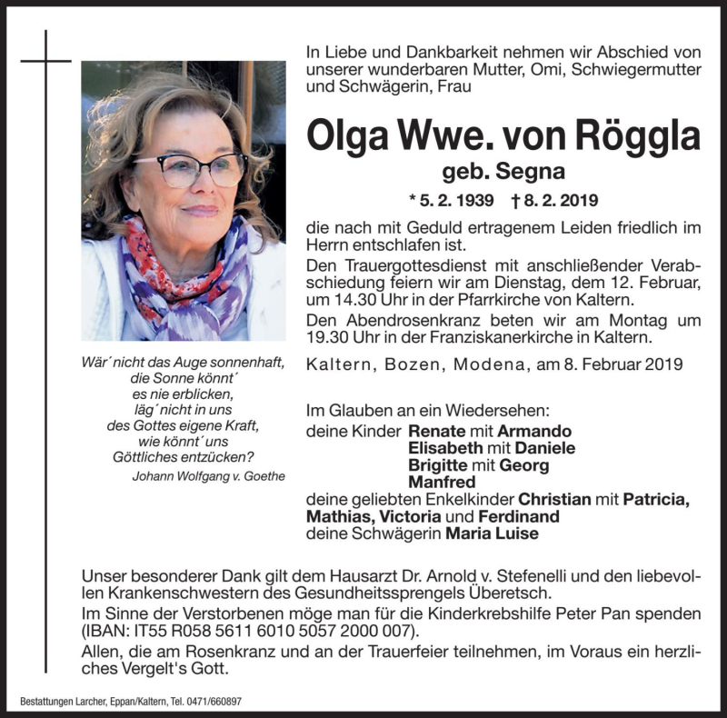  Traueranzeige für Olga von Röggla vom 09.02.2019 aus Dolomiten