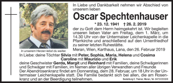 Traueranzeige von Oscar Spechtenhauser von Dolomiten