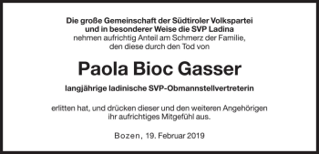 Traueranzeige von Paola Bioc von Dolomiten