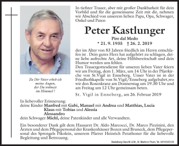 Traueranzeige von Peter Kastlunger von Dolomiten