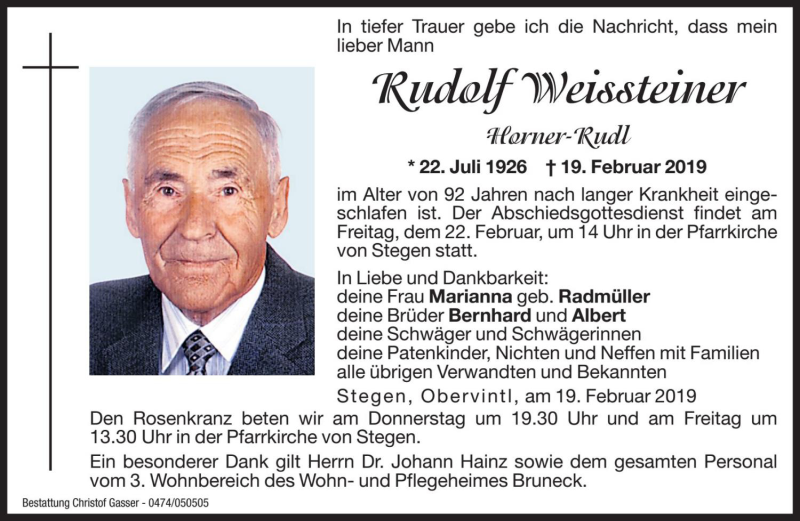  Traueranzeige für Rudolf Weissteiner vom 20.02.2019 aus Dolomiten