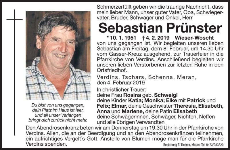  Traueranzeige für Sebastian Prünster vom 07.02.2019 aus Dolomiten