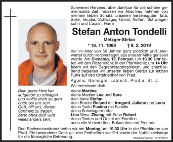 Traueranzeige von Stefan Anton Tondelli von Dolomiten