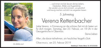Traueranzeige von Verena Rettenbacher von Dolomiten