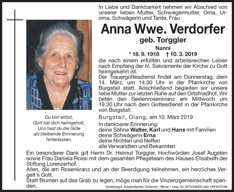  Traueranzeige für Anna Verdorfer vom 12.03.2019 aus Dolomiten