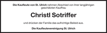 Traueranzeige von Christl Sotriffer von Dolomiten