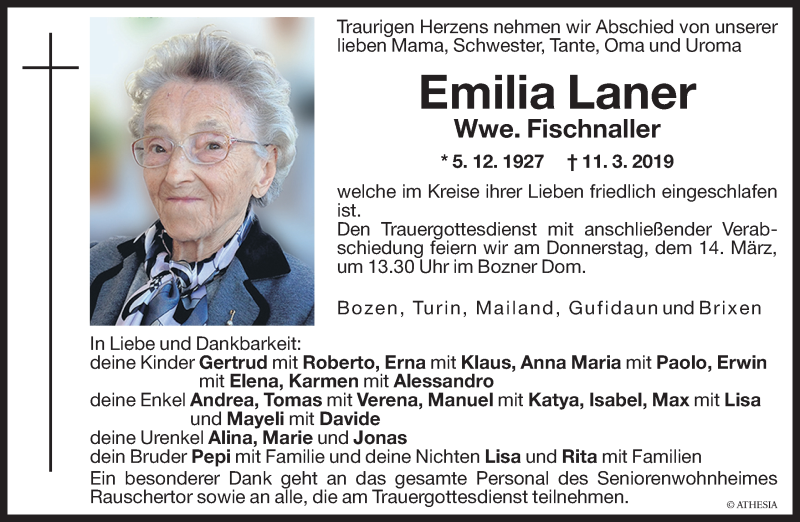 Traueranzeige für Emilia Fischnaller vom 12.03.2019 aus Dolomiten