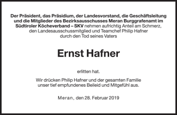 Traueranzeige von Ernst Hafner von Dolomiten