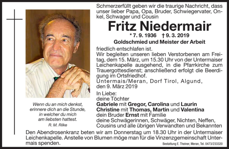 Traueranzeige für Fritz Niedermair vom 14.03.2019 aus Dolomiten