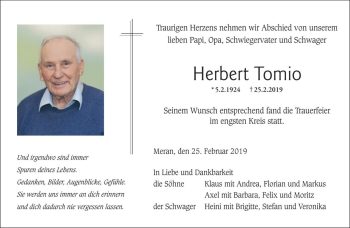 Traueranzeige von Herbert Tomio von Dolomiten