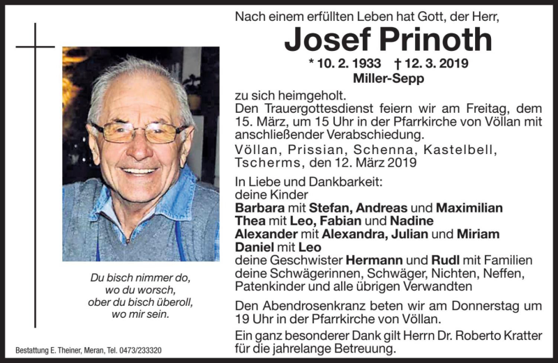  Traueranzeige für Josef Prinoth vom 14.03.2019 aus Dolomiten