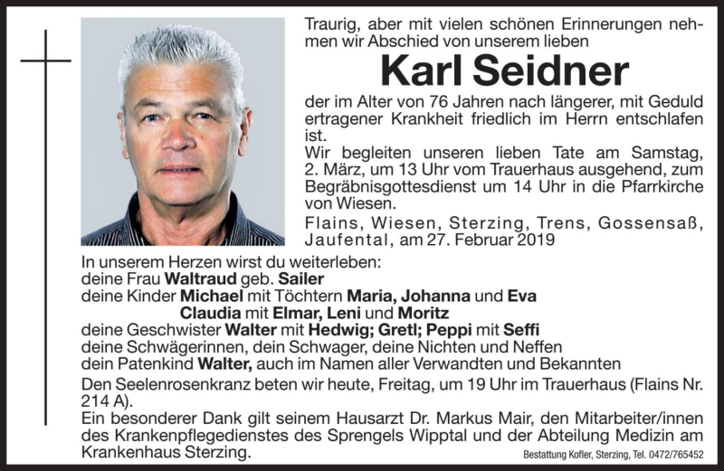  Traueranzeige für Karl Seidner vom 01.03.2019 aus Dolomiten