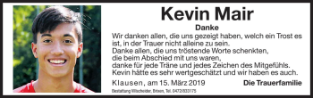 Traueranzeige von Kevin Mair von Dolomiten
