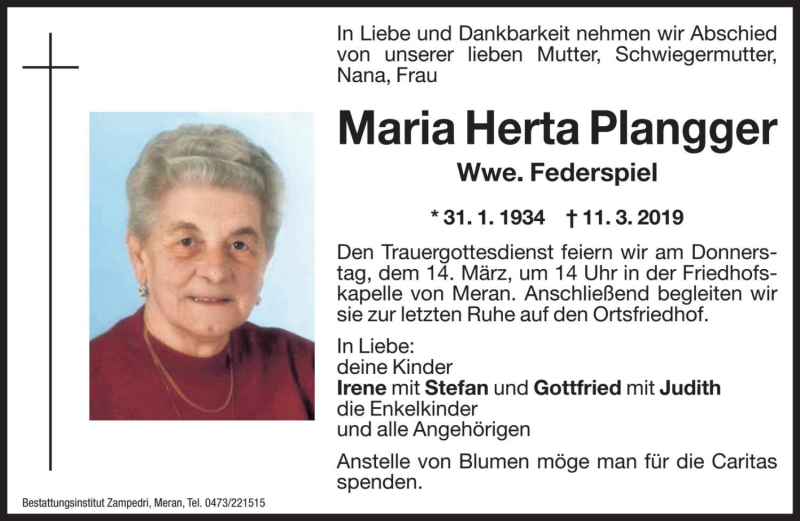  Traueranzeige für Maria Herta Federspiel vom 13.03.2019 aus Dolomiten