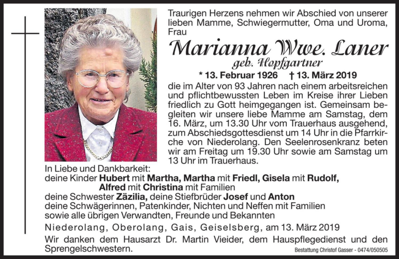  Traueranzeige für Marianna Laner vom 15.03.2019 aus Dolomiten