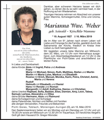 Traueranzeige von Marianna Weber von Dolomiten