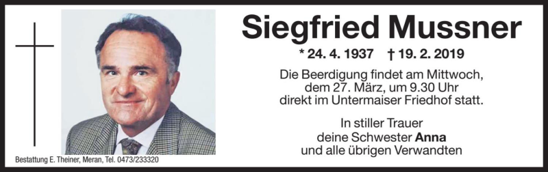  Traueranzeige für Siegfried Mussner vom 25.03.2019 aus Dolomiten