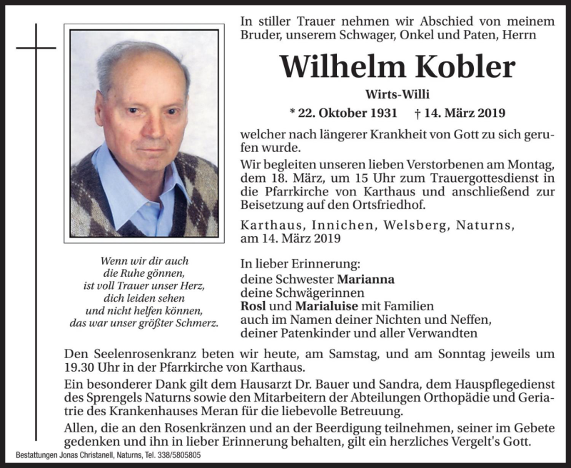  Traueranzeige für Wilhelm Kobler vom 16.03.2019 aus Dolomiten