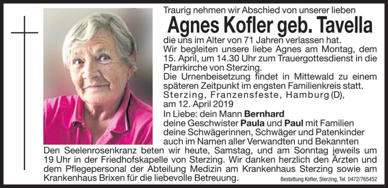  Traueranzeige für Agnes Kofler vom 13.04.2019 aus Dolomiten