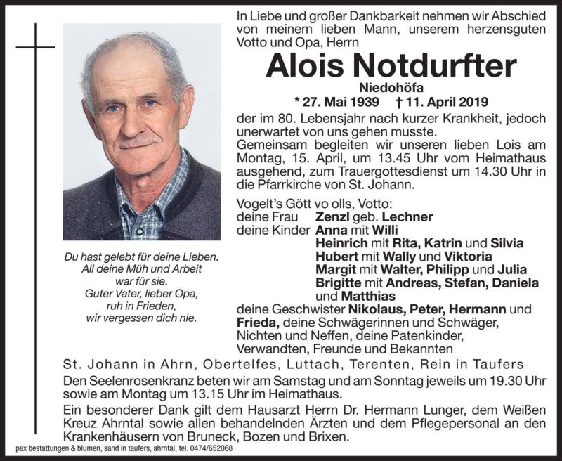  Traueranzeige für Alois Notdurfter vom 13.04.2019 aus Dolomiten