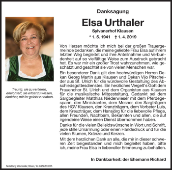 Traueranzeige von Elsa Urthaler von Dolomiten