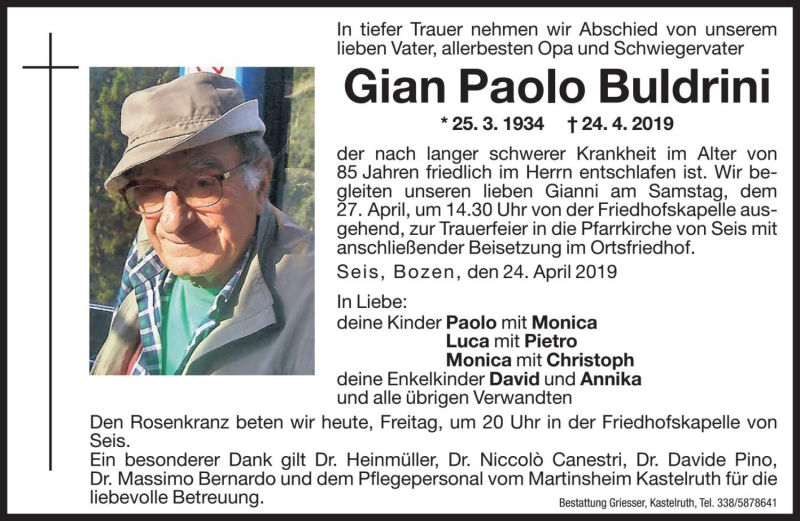  Traueranzeige für Gian Paolo Buldrini vom 26.04.2019 aus Dolomiten